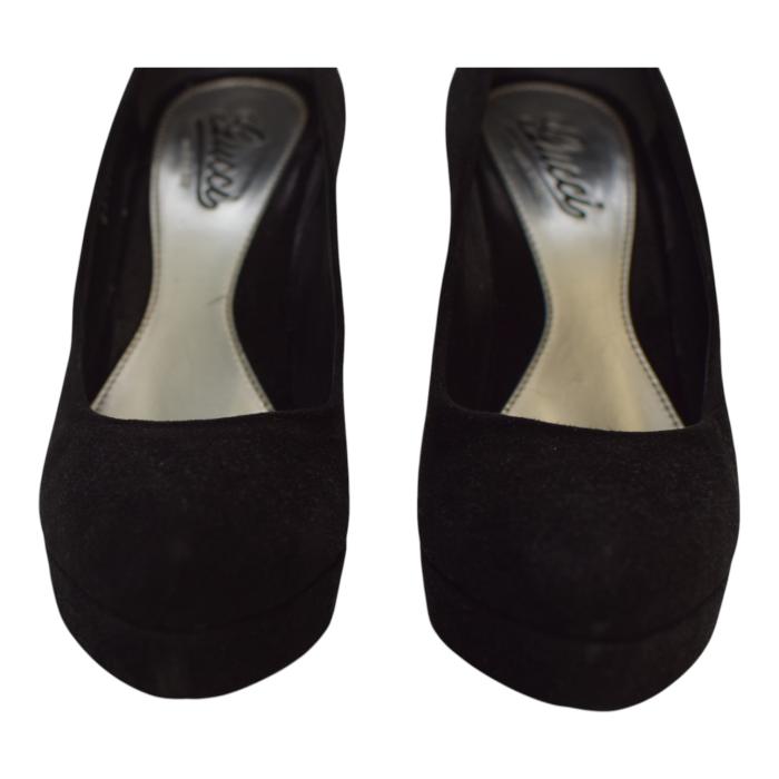 Gucci Black Suede Leather Almond Toe Classic Heel Platform Pumps size 39 US 9