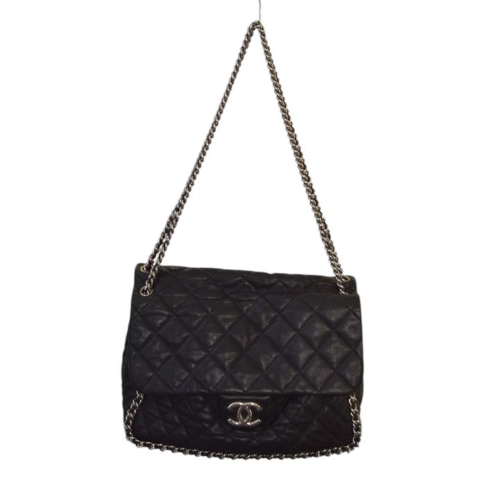 Chanel Black Quilted Lambskin Leather Chain Around Maxi Flap Shoulder Bag