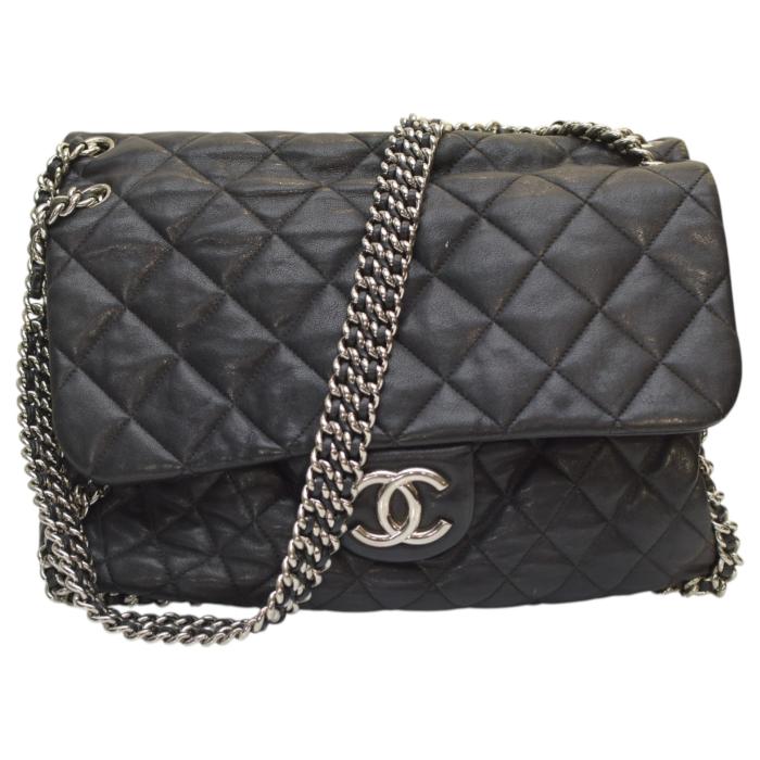 Chanel Black Quilted Lambskin Leather Chain Around Maxi Flap Shoulder Bag