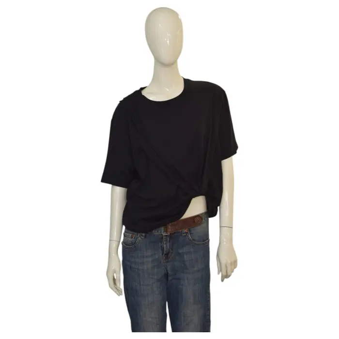 3.1 Phillip Lim Black Cotton Draped Short Sleeve T-Shirt Top