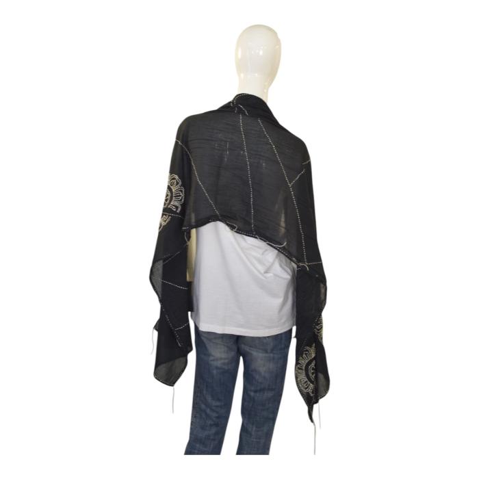Peachoo + Krejberg Black Embellished Long Scarf – Floral Beadwork Design – New with Tags