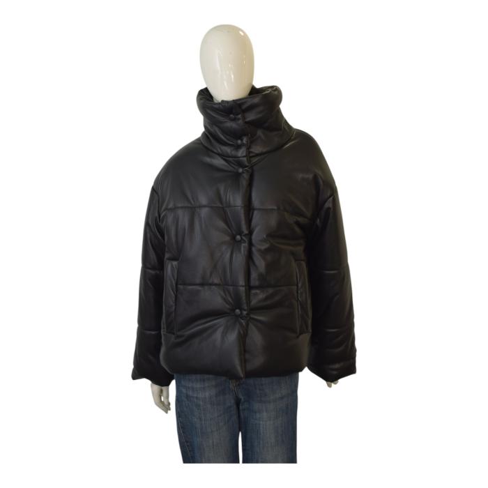 Nanushka Hide vegan quilted leather black puffer jacket high standing collar sz M