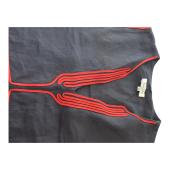 Ancient Kallos Athena Cord Navy Blue Linen Maxi Dress Red Embroidered Trim – M