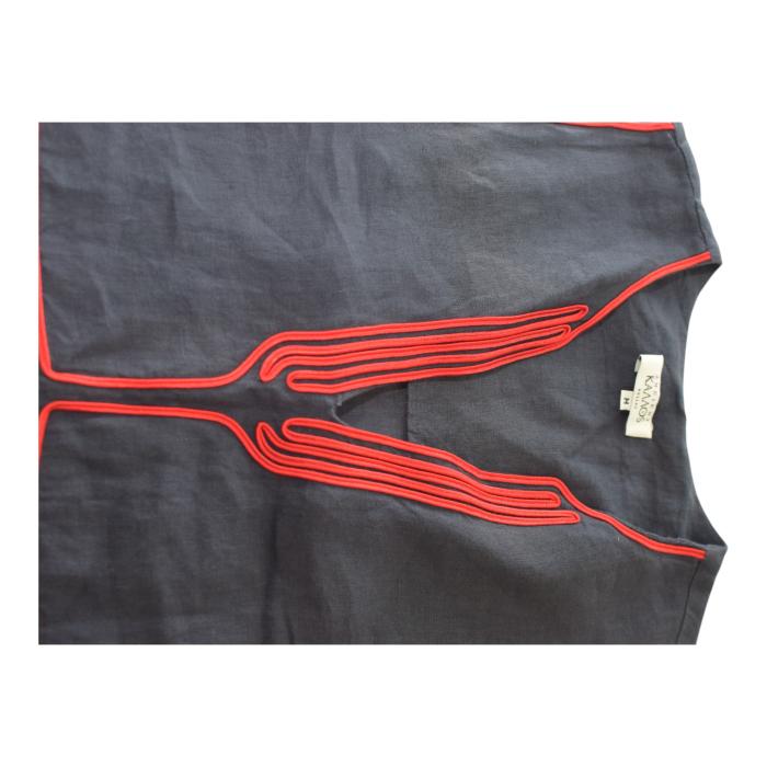 Ancient Kallos Athena Cord Navy Blue Linen Maxi Dress Red Embroidered Trim – M