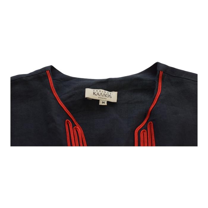 Ancient Kallos Athena Cord Navy Blue Linen Maxi Dress Red Embroidered Trim – M