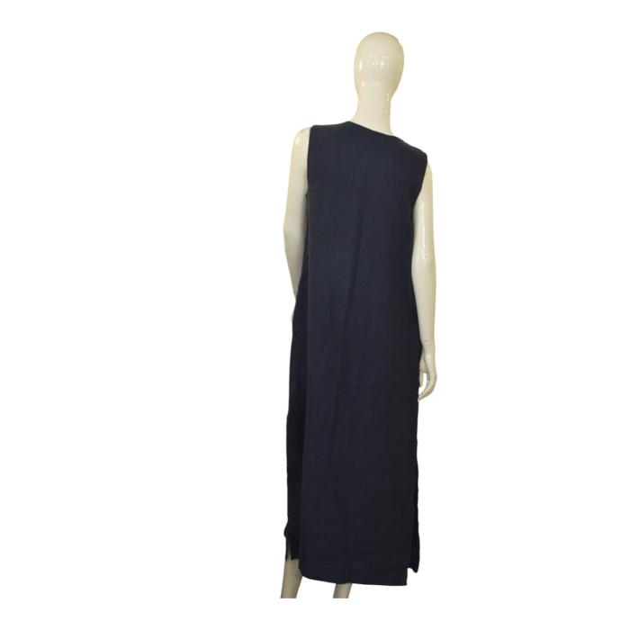 Ancient Kallos Athena Cord Navy Blue Linen Maxi Dress Red Embroidered Trim – M