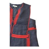 Ancient Kallos Athena Cord Navy Blue Linen Maxi Dress Red Embroidered Trim – M
