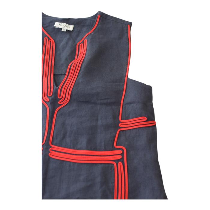 Ancient Kallos Athena Cord Navy Blue Linen Maxi Dress Red Embroidered Trim – M