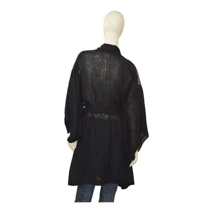 Maurizio Black Linen Kimono Jacket with Waist Tie – Sheer Shoulder Detail – OS