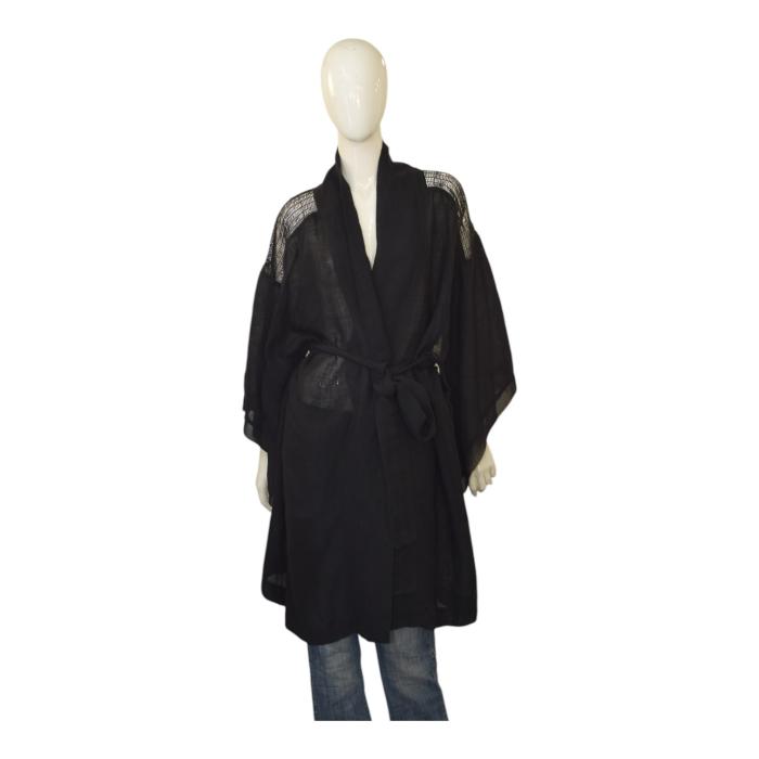 Maurizio Black Linen Kimono Jacket with Waist Tie – Sheer Shoulder Detail – OS