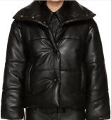 Nanushka Hide vegan quilted leather black puffer jacket high standing collar sz M