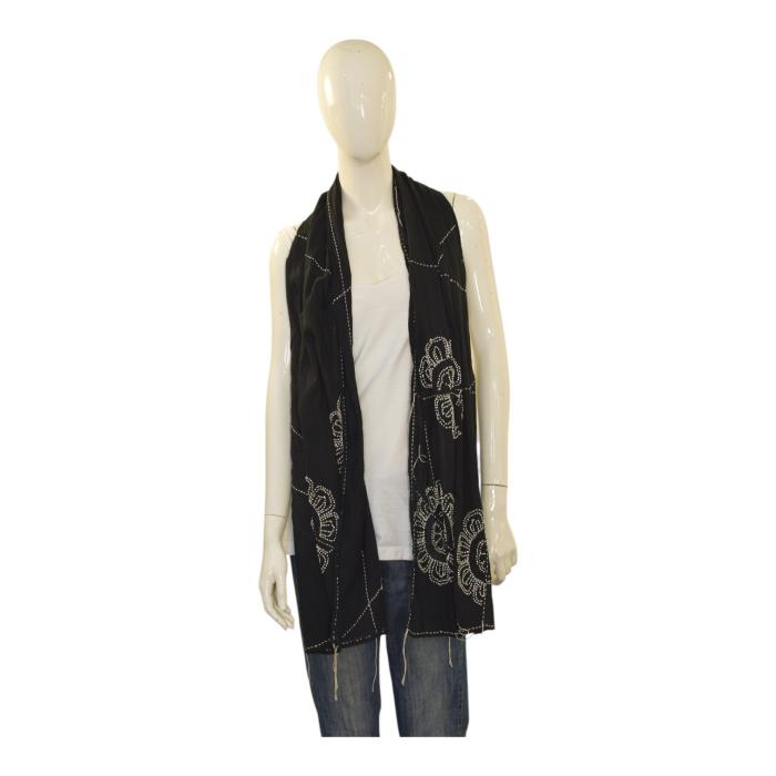 Peachoo + Krejberg Black Embellished Long Scarf – Floral Beadwork Design – New with Tags
