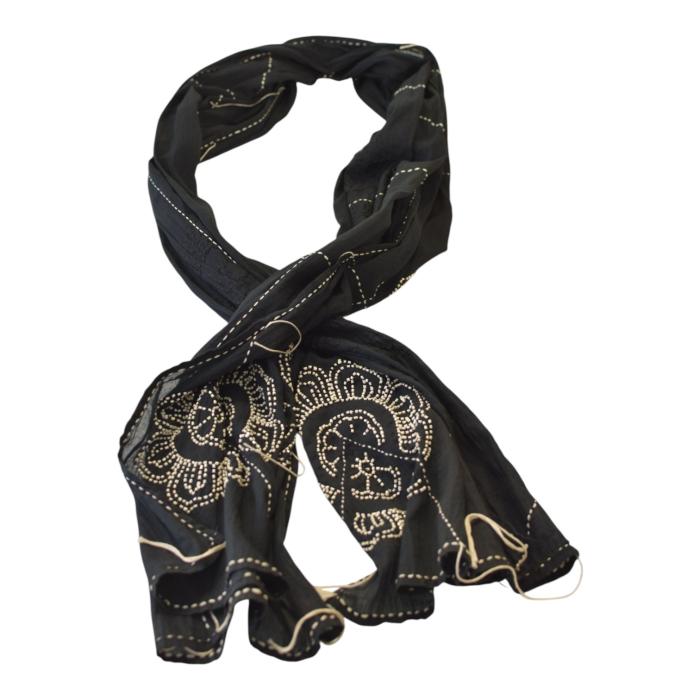 Peachoo + Krejberg Black Embellished Long Scarf – Floral Beadwork Design – New with Tags