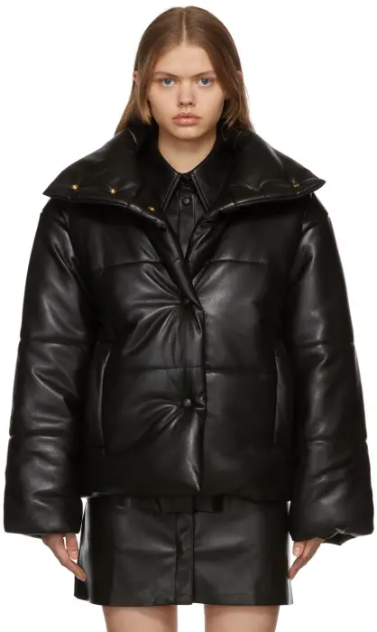 Nanushka Hide vegan quilted leather black puffer jacket high standing collar sz M