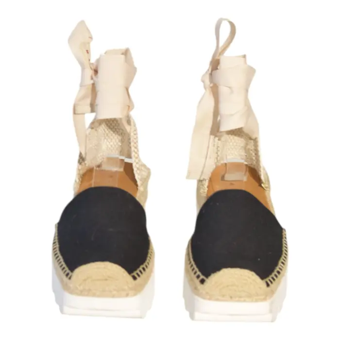 Marni Beige Black Fabric Ankle Tie Up Espadrille Platform Shoes