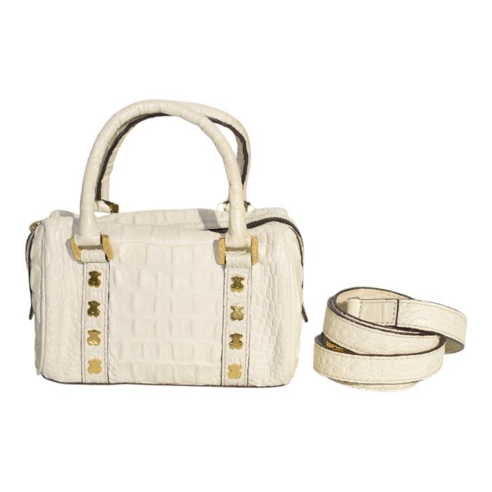 Μικρή τσάντα Satchel TOUS με ανάγλυφο κροκόδειλο σε ιβουάρ χρώμα με χρυσά μεταλλικά στοιχεία και λουράκι