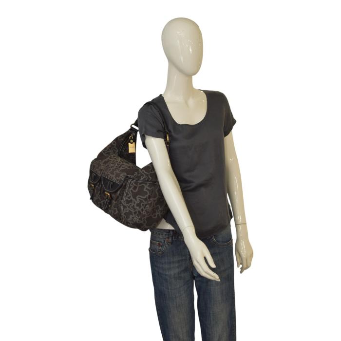 Μεγάλη τσάντα ώμου Hobo TOUS Kaos Print Denim από καμβά και μαύρο δέρμα με λεπτομέρειες