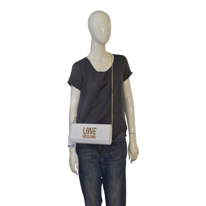 Love Moschino Women's Detachable Chain Strap White Embellished Clutch WAC