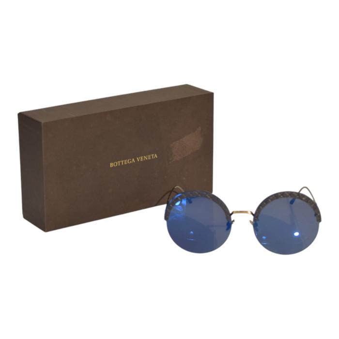 Bottega Veneta 0208S 003 60-18 Blue Metal & Leather Round Oversized Sunglasses