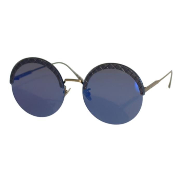 Bottega Veneta 0208S 003 60-18 Blue Metal & Leather Round Oversized Sunglasses
