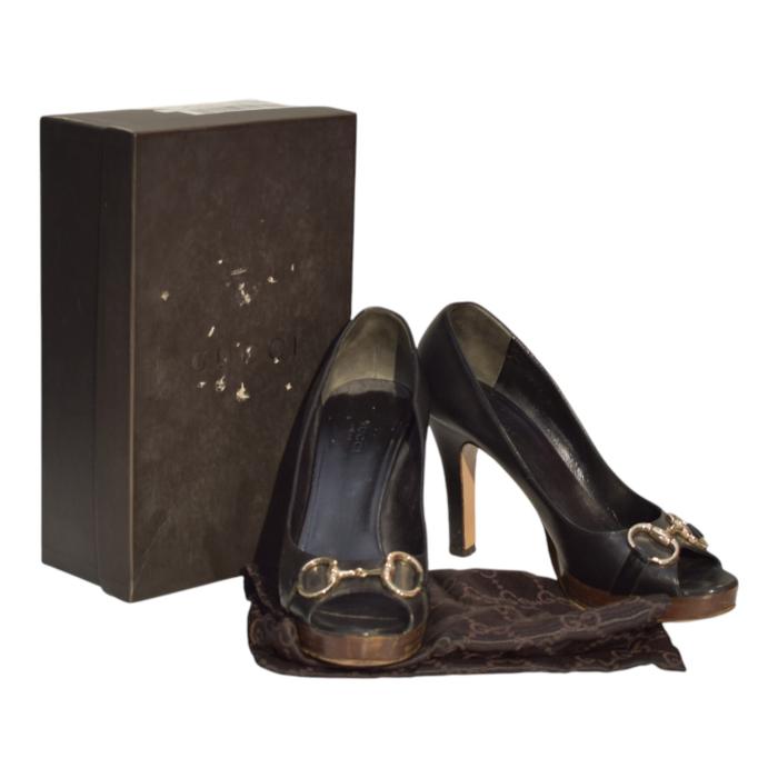 GUCCI Black Leather Gold Horsebit Peep Toe Platform Heels Size 39C Made in Italy