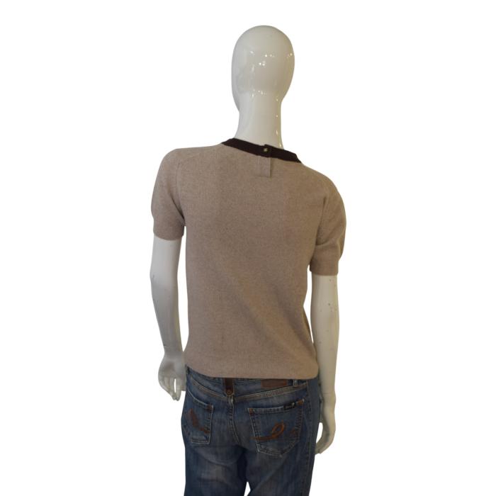 CHANEL Boutique Vintage Short Sleeve Knit Sweater Beige/Brown CC Button Size S