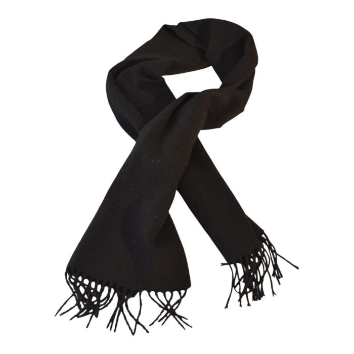 CELINE Black Cashmere Wool Scarf Fringed Logo Embroidered Unisex Made in Scotland