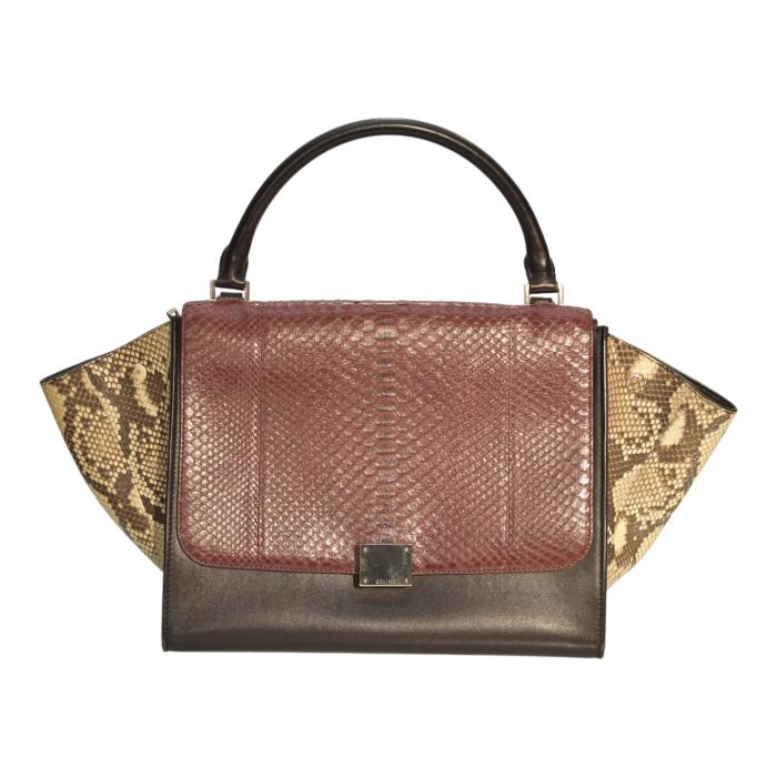 Céline Trapeze Python & Leather Top Handle Shoulder Bag Burgundy Black Natural