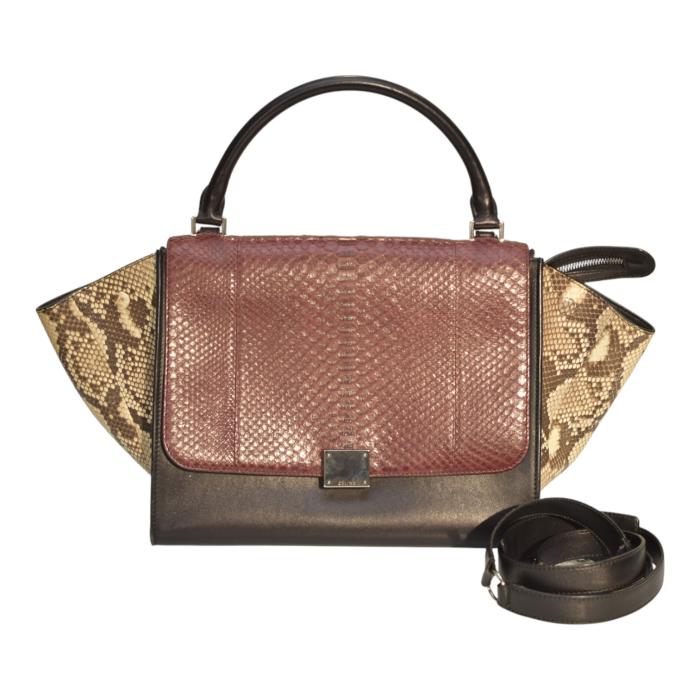 Céline Trapeze Python & Leather Top Handle Shoulder Bag Burgundy Black Natural