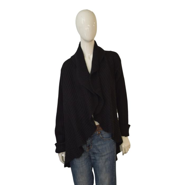 Marina Rinaldi Ribbed Wool Cardigan Sweater Black – Open Front – Size M – Made in Italy