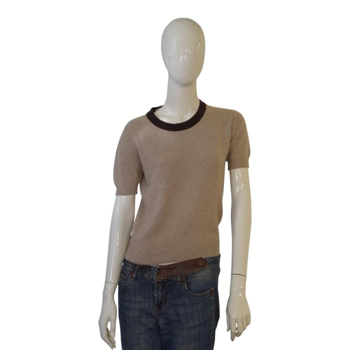 CHANEL Boutique Vintage Short Sleeve Knit Sweater Beige/Brown CC Button Size S