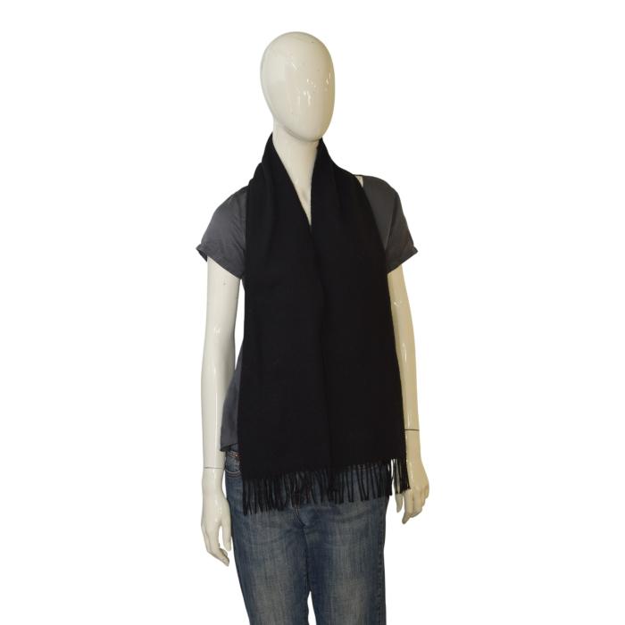 CELINE Black Cashmere Wool Scarf Fringed Logo Embroidered Unisex Made in Scotland