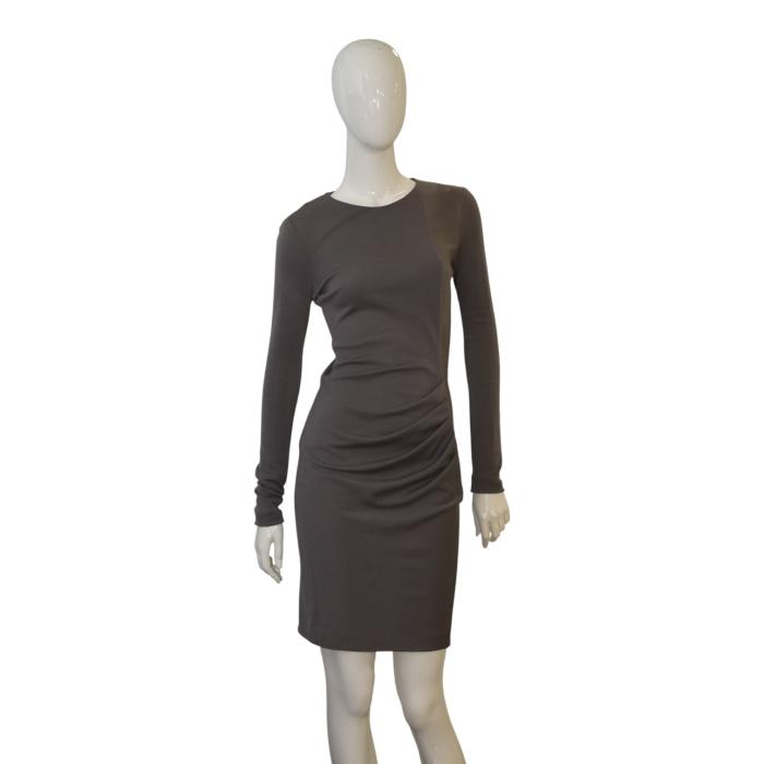 Joseph Taupe Wool & Leather Panel Bodycon Longsleeve Draped Dress – Size 36