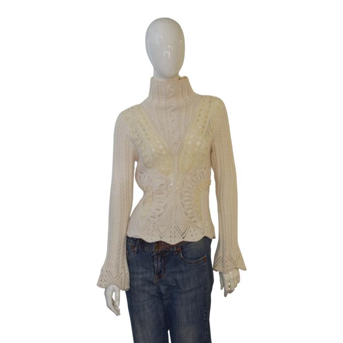 Kenzo Cream Wool Blend Knit Sweater XL Turtleneck Flared Sleeve Lace Crochet