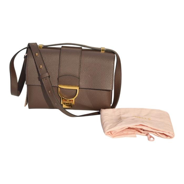 COCCINELLE Leather Crossbody Bag – Taupe Brown – Gold Hardware – Italian Leather