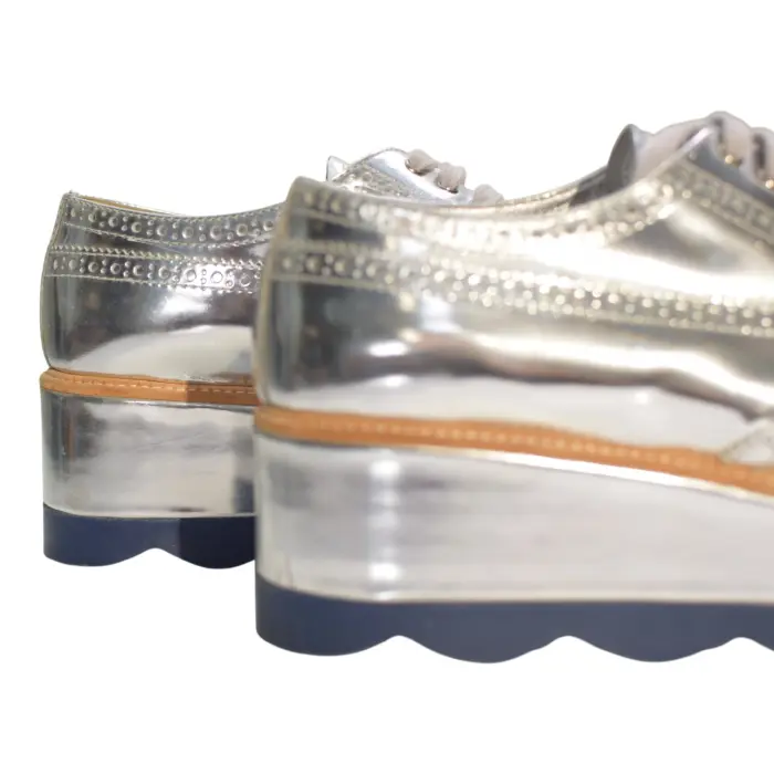 Prada Metallic Silver Brogue Leather Platform Low Top Sneakers