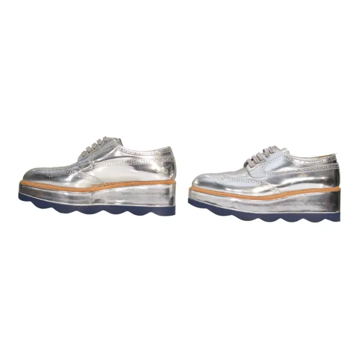 Prada Metallic Silver Brogue Leather Platform Low Top Sneakers