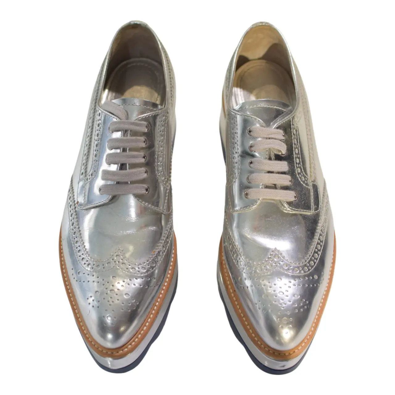 Prada Metallic Silver Brogue Leather Platform Low Top Sneakers