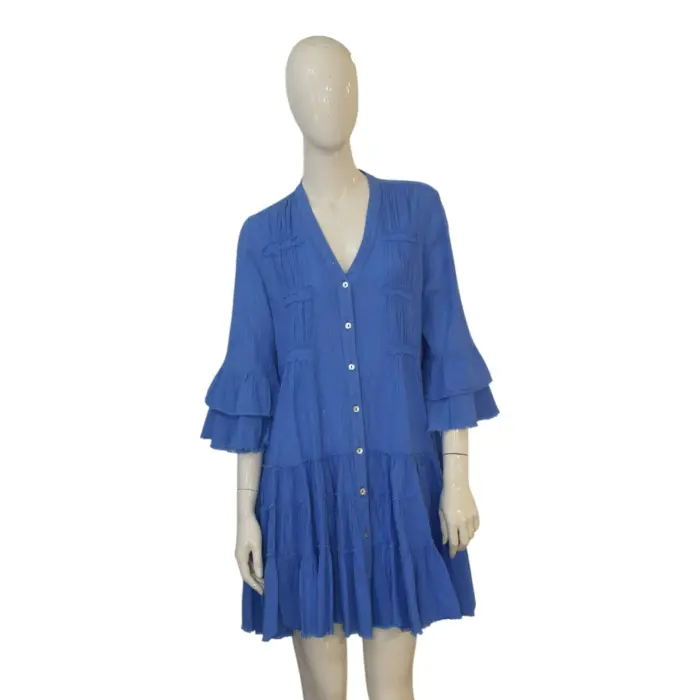 Devotion Blue Boho Tiered Mini Dress Button Front Ruffle Sleeves Size M - Swap Shop Devotion Blue Boho Tiered Mini Dress Button Front Ruffle Sleeves Size M - Swap Shop