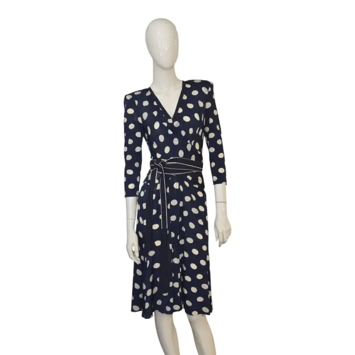 Donna Karan Polka Dot Wrap Dress Navy White Belted Midi Dress Size L NWT -  Swap Shop