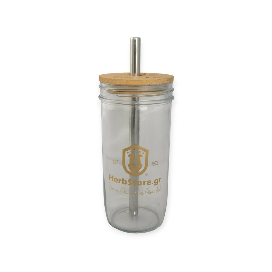 Γυάλινο Ποτήρι 709ml με Καπάκι Μπαμπού & Ανοξείδωτο Καλαμάκι