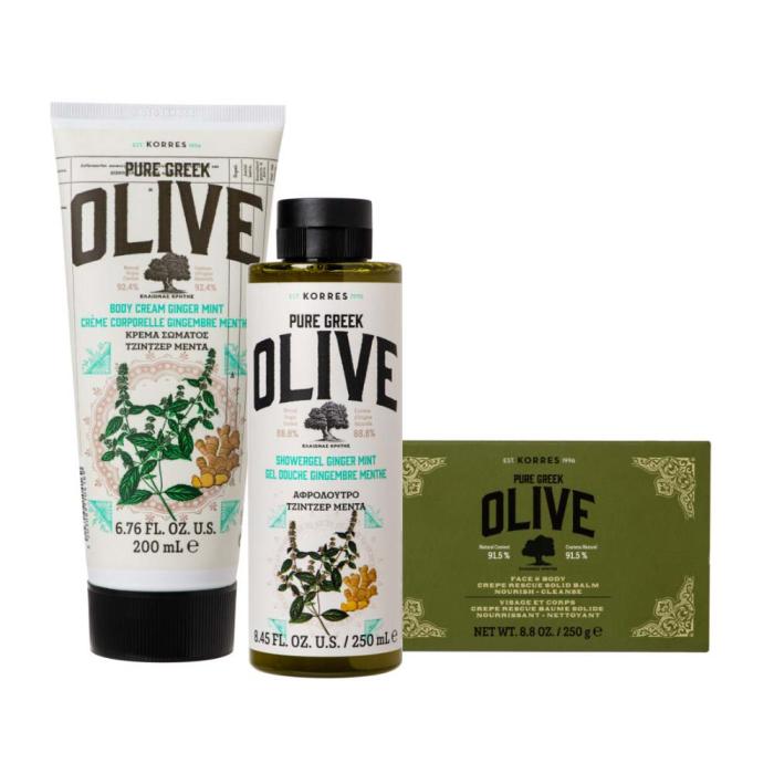 KORRES Pure Greek Olive Set Ginger Mint Shower Gel 250ml + Ginger Mint Body Cream 200ml + Face & Body Solid Balm 250gr