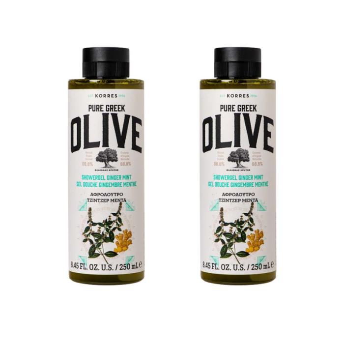 2x KORRES Pure Greek Olive Αφρόλουτρο Τζίντζερ Μέντα 250ml