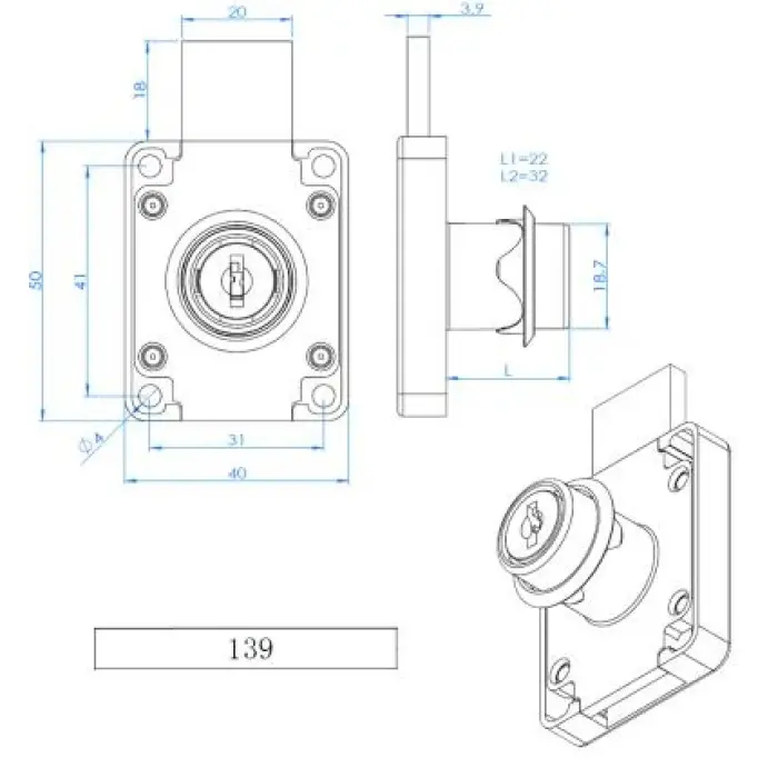 Evergood Model 139 - Κλειδαριά Επίπλων 19x22 mm , με 2 Κλειδιά