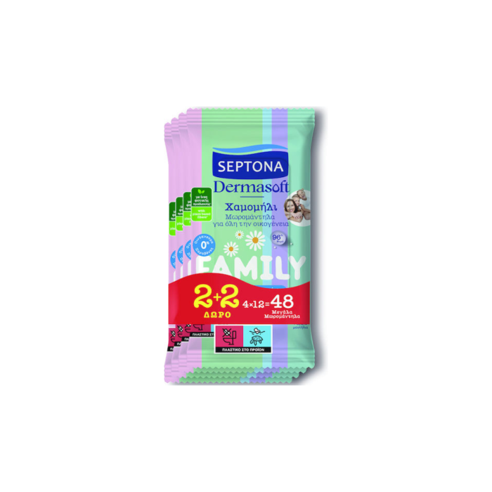 Septona Family Μωρομάντηλα χωρίς Οινόπνευμα & Parabens με Χαμομήλι 4x12τμχ