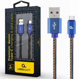 Cablexpert Premium Jeans Type-C USB Cable with Metal Connectors 2M Blue