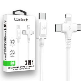 Lamtech 3 In 1 Charging Type-C Cable To Type-C/Lightning/Micro USB 1M White