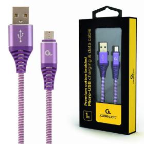 Cablexpert Premium Cotton Braided Micro-USB Charging and Data Cable 1M Purple/White Retail Pack