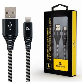 Cablexpert Premium Cotton Braided Lightning Charging and Data Cable 1M Black/White Retail Pack