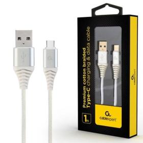 Cablexpert Premium Cotton Braided Type-C USB Charging and Data Cable 1M Silver/White Retail Pack